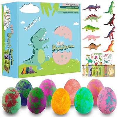 Orgaaninen dinosauruskylpypommi leluilla