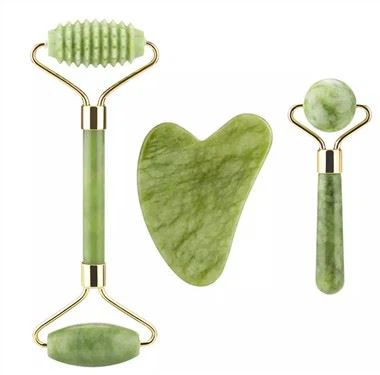 Mukautettu logo kasvojen vihreä Jade Roller Gua Sha Set
